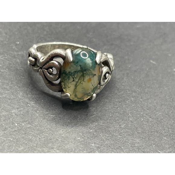 Vintage 925 Sterling Silver Moss Agate Gemstone Ornate Jewelry Ring Sz 6 6.45g - Picture 4 of 12